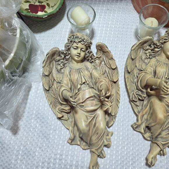 VINTAGE HOME INTERIORS SET OF 2 ANGEL CHERUB WALL HANGING CANDLE HOLDER - Picture 1 of 8